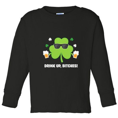 Bitches Drink Up Beer Funny St. Patrick's Day Cute Shamrock Toddler Long Sleeve Shirt