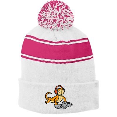 Bearded Dragon Video Gaming Funny Gamer Animal Stripe Pom Pom Beanie