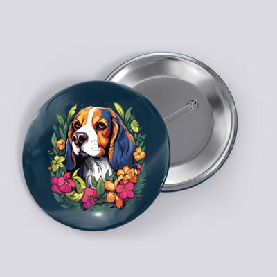 Beagle Dog With Flowers Button