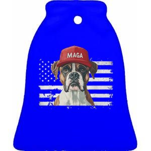 Boxer Dog Wearing Maga Hat American Flag Ceramic Bell Ornament