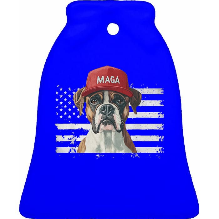 Boxer Dog Wearing Maga Hat American Flag Ceramic Bell Ornament