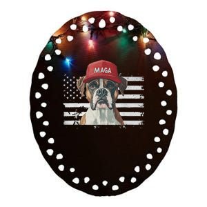 Boxer Dog Wearing Maga Hat American Flag Ceramic Oval Ornament