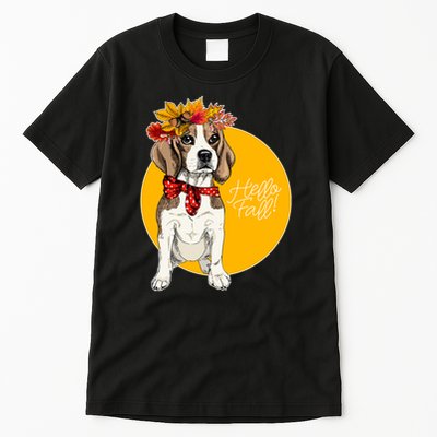 Beagle Dog Wearing Autumn leaves Crown Hello fall Tall T-Shirt