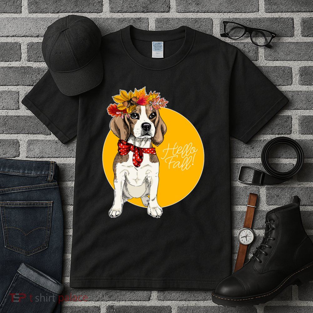 Beagle Dog Wearing Autumn leaves Crown Hello fall Tall T-Shirt