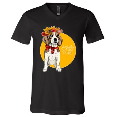 Beagle Dog Wearing Autumn leaves Crown Hello fall V-Neck T-Shirt