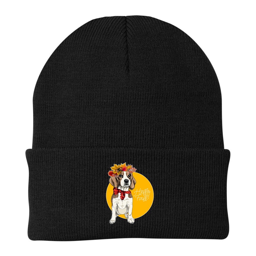 Beagle Dog Wearing Autumn leaves Crown Hello fall Beanie