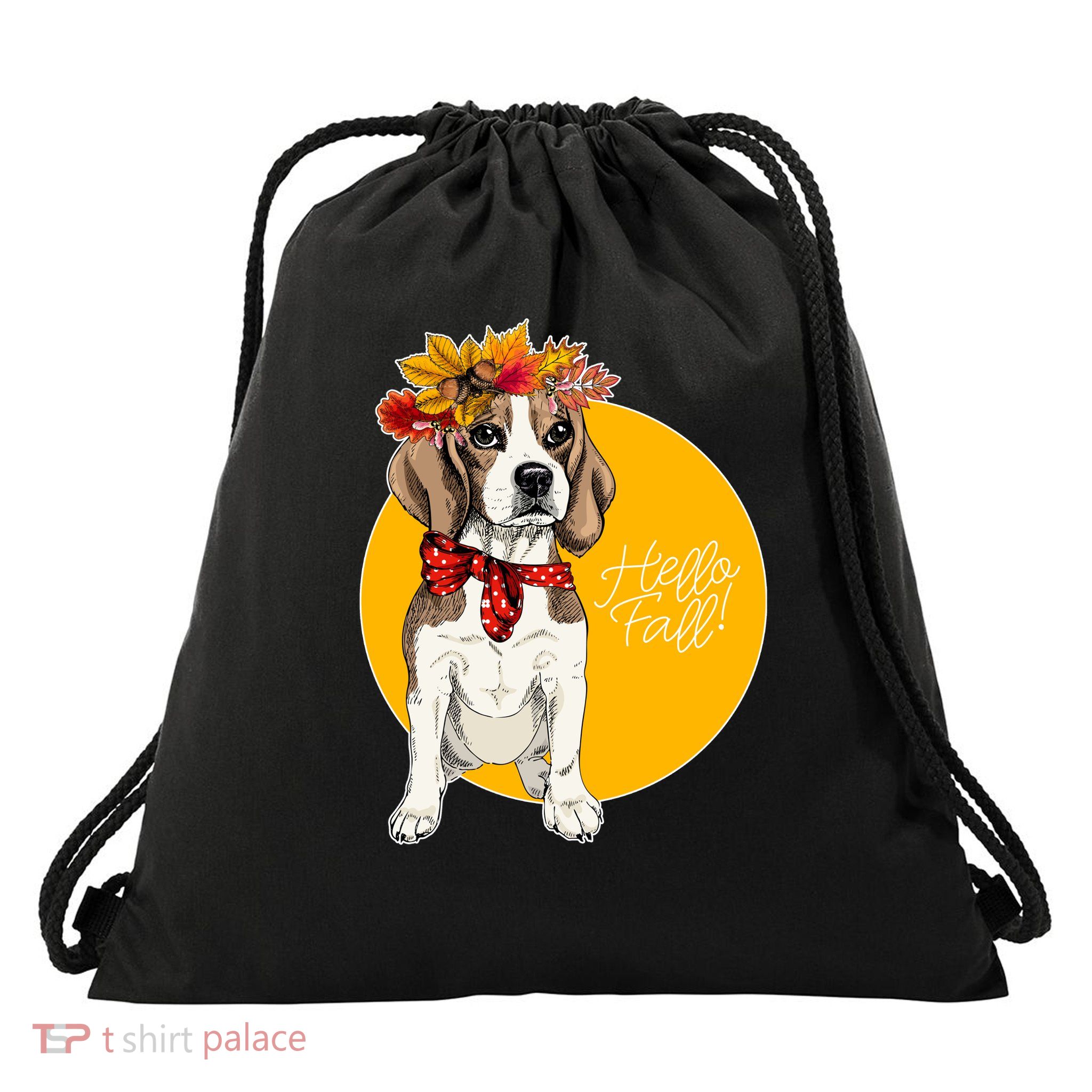 Beagle Dog Wearing Autumn leaves Crown Hello fall Drawstring Bag