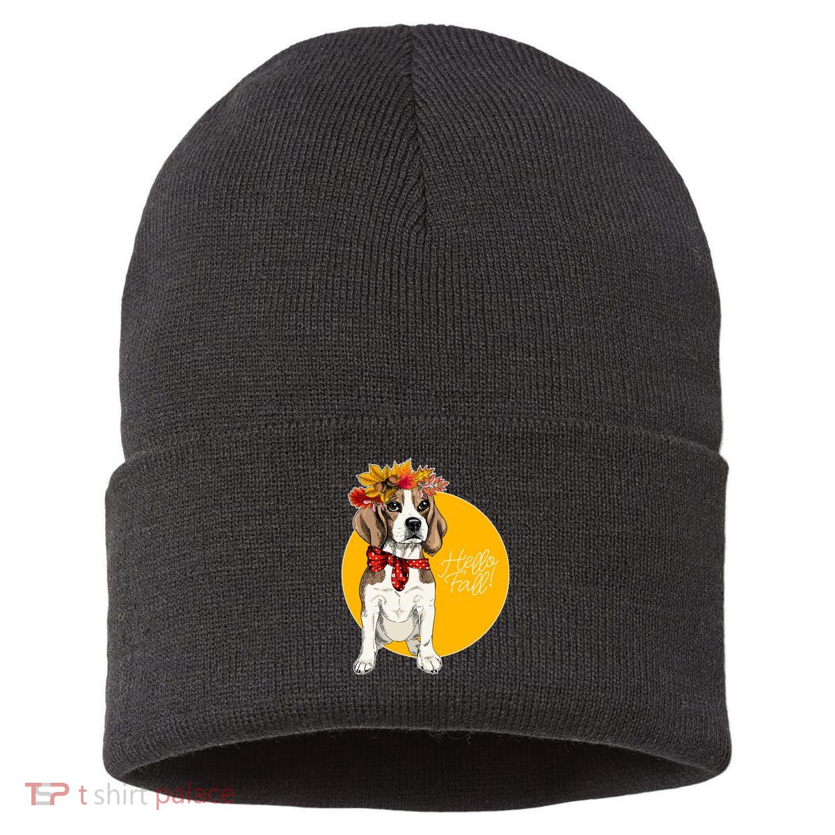 Beagle Dog Wearing Autumn leaves Crown Hello fall Sustainable Knit Beanie