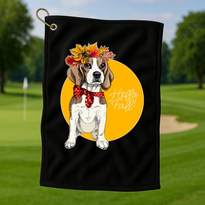 Beagle Dog Wearing Autumn leaves Crown Hello fall Golf Towel