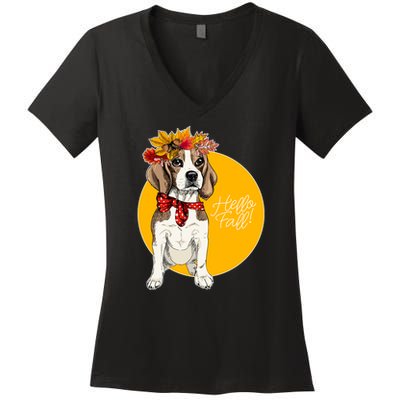 Beagle Dog Wearing Autumn leaves Crown Hello fall Women's V-Neck T-Shirt