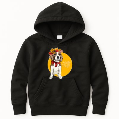 Beagle Dog Wearing Autumn leaves Crown Hello fall Kids Hoodie