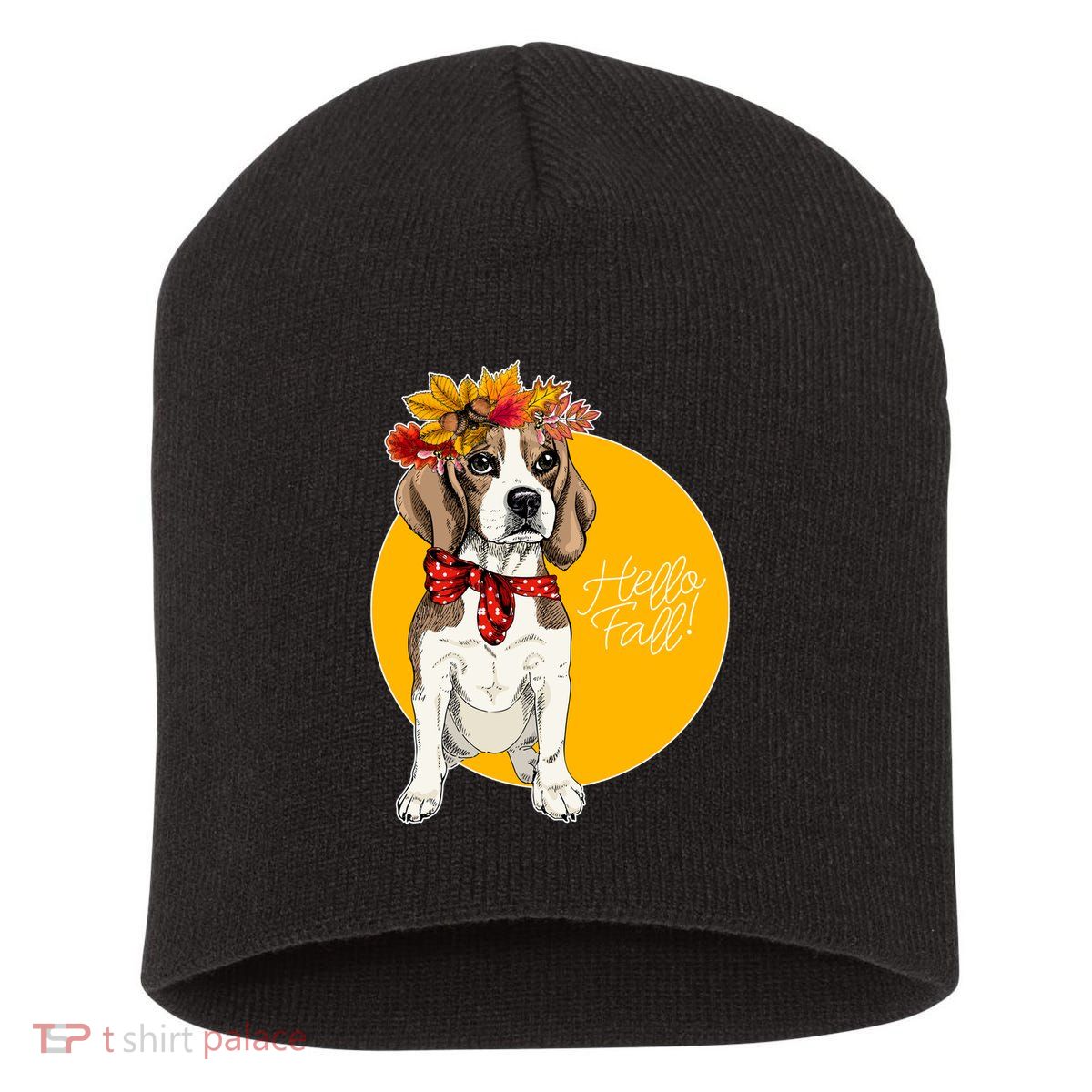 Beagle Dog Wearing Autumn leaves Crown Hello fall Short Acrylic Beanie