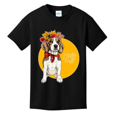 Beagle Dog Wearing Autumn leaves Crown Hello fall Kids T-Shirt