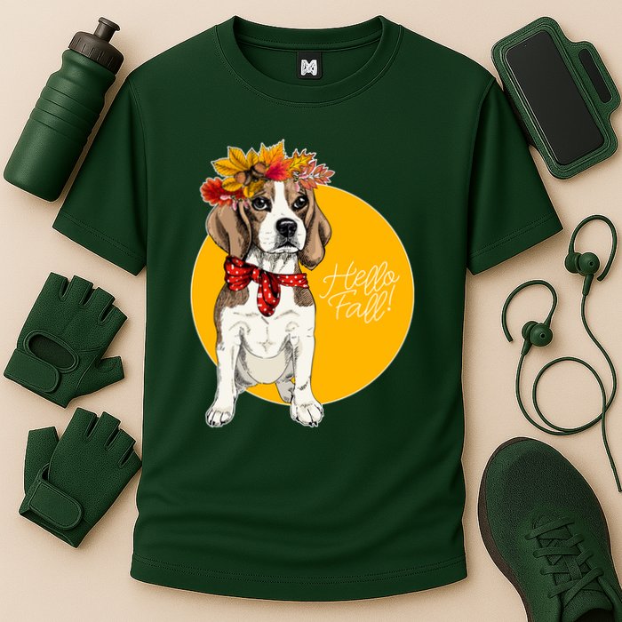 Beagle Dog Wearing Autumn leaves Crown Hello fall Cooling Performance Crew T-Shirt