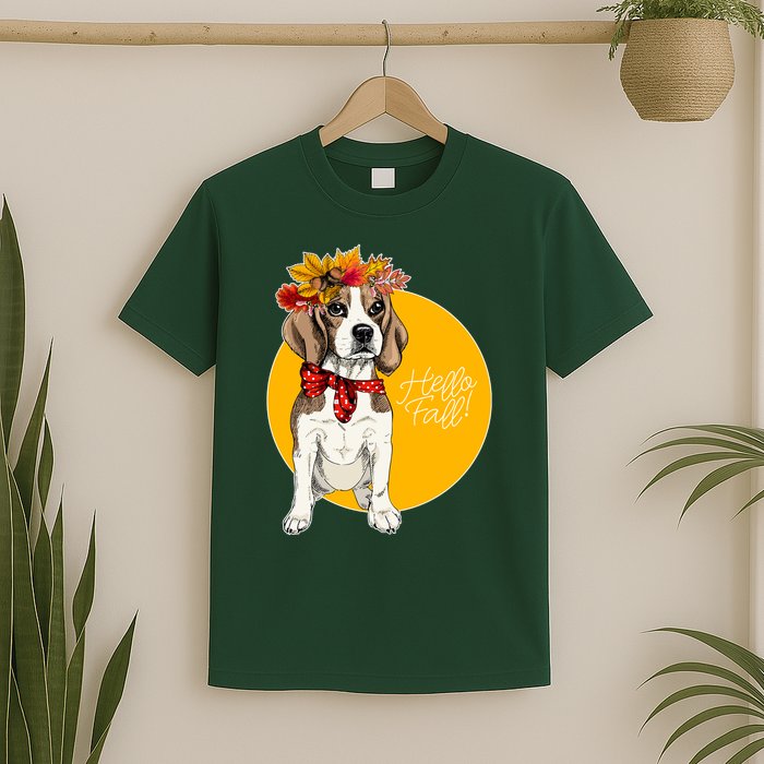 Beagle Dog Wearing Autumn leaves Crown Hello fall T-Shirt
