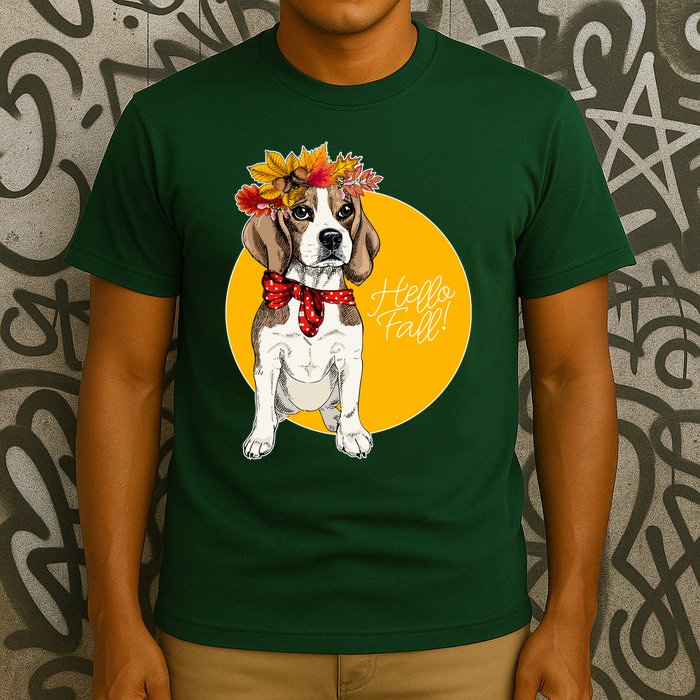 Beagle Dog Wearing Autumn leaves Crown Hello fall T-Shirt