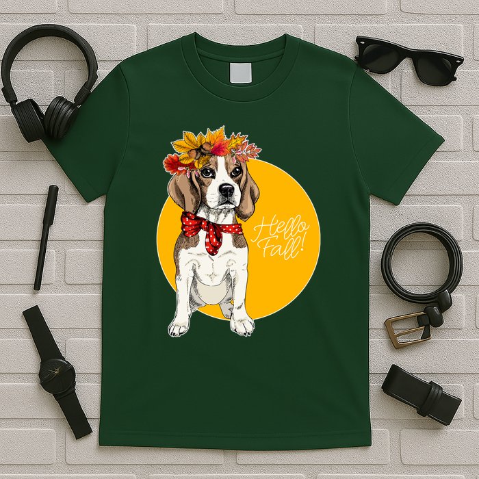 Beagle Dog Wearing Autumn leaves Crown Hello fall T-Shirt