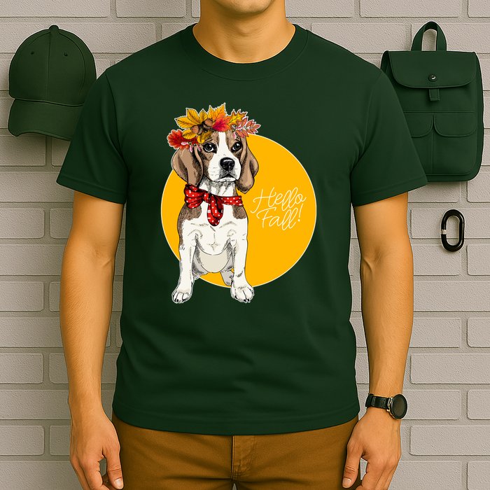 Beagle Dog Wearing Autumn leaves Crown Hello fall T-Shirt