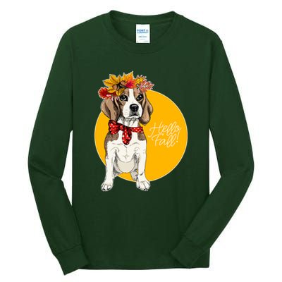Beagle Dog Wearing Autumn leaves Crown Hello fall Tall Long Sleeve T-Shirt
