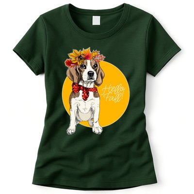 Beagle Dog Wearing Autumn leaves Crown Hello fall Womens T-Shirt