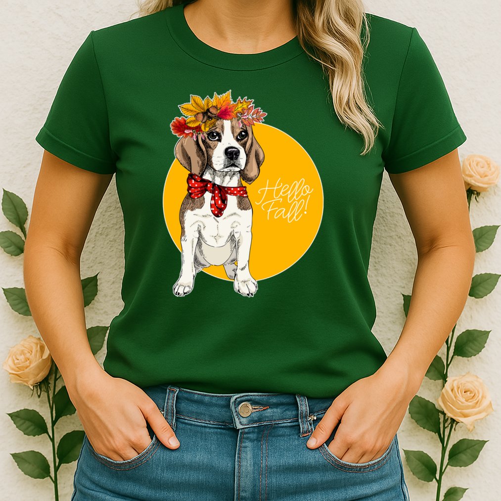 Beagle Dog Wearing Autumn leaves Crown Hello fall Womens T-Shirt