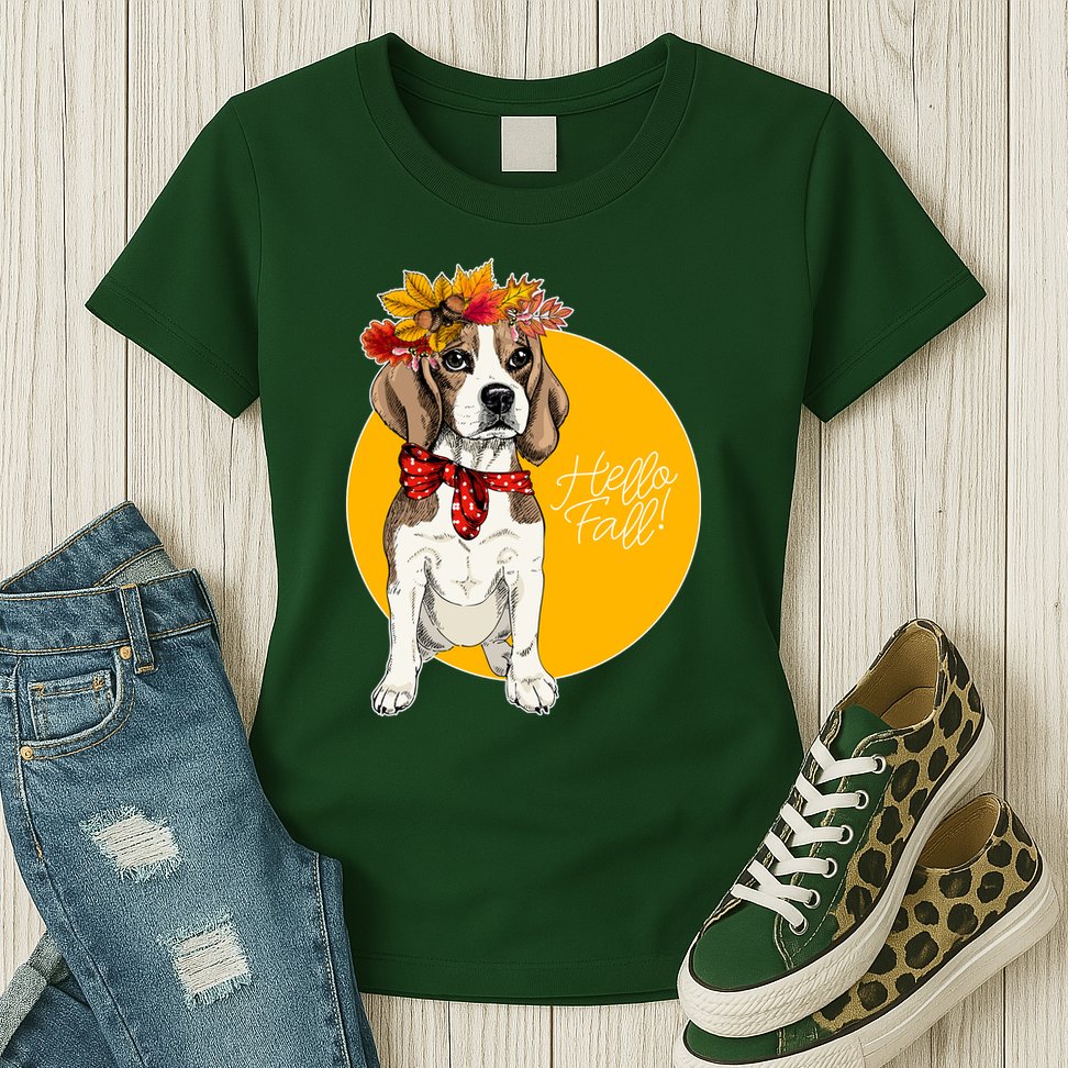 Beagle Dog Wearing Autumn leaves Crown Hello fall Womens T-Shirt
