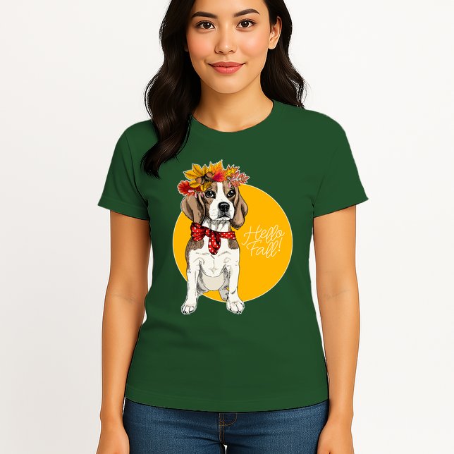 Beagle Dog Wearing Autumn leaves Crown Hello fall Womens T-Shirt