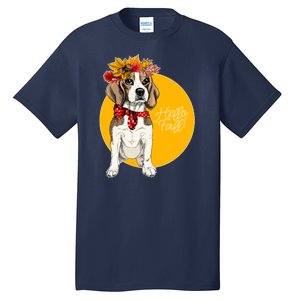 Beagle Dog Wearing Autumn leaves Crown Hello fall Tall T-Shirt