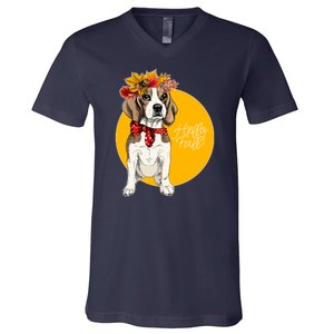 Beagle Dog Wearing Autumn leaves Crown Hello fall V-Neck T-Shirt