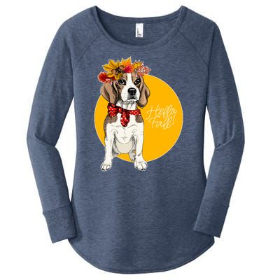 Beagle Dog Wearing Autumn leaves Crown Hello fall Women's Perfect Tri Tunic Long Sleeve Shirt