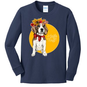 Beagle Dog Wearing Autumn leaves Crown Hello fall Kids Long Sleeve Shirt