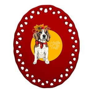 Beagle Dog Wearing Autumn leaves Crown Hello fall Ceramic Oval Ornament