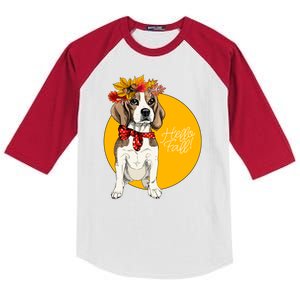 Beagle Dog Wearing Autumn leaves Crown Hello fall Kids Colorblock Raglan Jersey