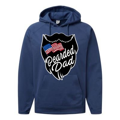 Bearded Dad With American Flag Funny Fathers Day Gift Performance Fleece Hoodie