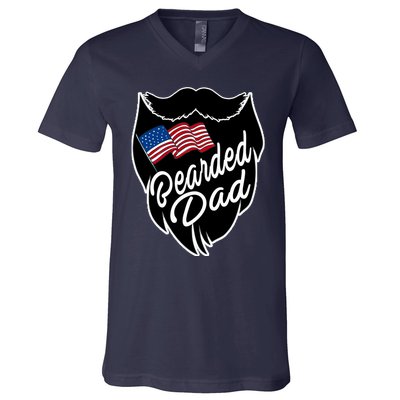 Bearded Dad With American Flag Funny Fathers Day Gift V-Neck T-Shirt