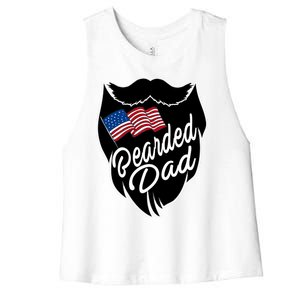 Bearded Dad With American Flag Funny Fathers Day Gift Women's Racerback Cropped Tank