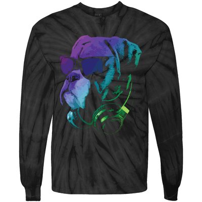 Boxer Dog With Sunglasses And Headphones Tie-Dye Long Sleeve Shirt