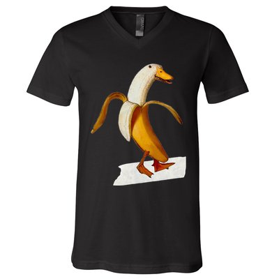 Banana Duck Walks Funny Anthropomorphic Fruit Bird Animal V-Neck T-Shirt
