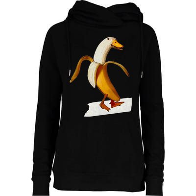 Banana Duck Walks Funny Anthropomorphic Fruit Bird Animal Womens Funnel Neck Pullover Hood