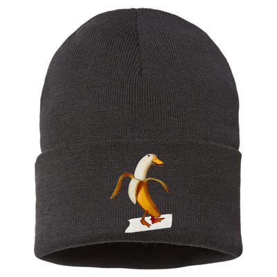 Banana Duck Walks Funny Anthropomorphic Fruit Bird Animal Sustainable Knit Beanie