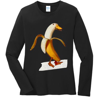 Banana Duck Walks Funny Anthropomorphic Fruit Bird Animal Ladies Long Sleeve Shirt