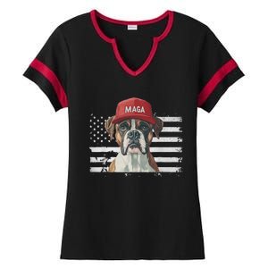 Boxer Dog Wearing Maga Hat American Flag Dogs For Trump Ladies Halftime Notch Neck Tee