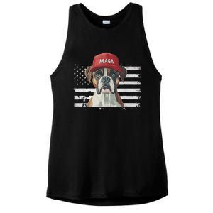 Boxer Dog Wearing Maga Hat American Flag Dogs For Trump Ladies PosiCharge Tri-Blend Wicking Tank