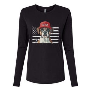 Boxer Dog Wearing Maga Hat American Flag Dogs For Trump Womens Cotton Relaxed Long Sleeve T-Shirt