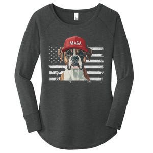 Boxer Dog Wearing Maga Hat American Flag Dogs For Trump Women's Perfect Tri Tunic Long Sleeve Shirt