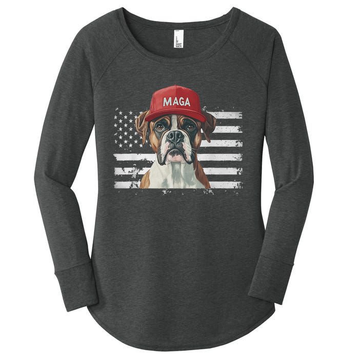 Boxer Dog Wearing Maga Hat American Flag Dogs For Trump Women's Perfect Tri Tunic Long Sleeve Shirt