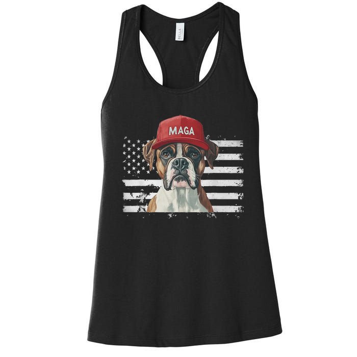 Boxer Dog Wearing Maga Hat American Flag Dogs For Trump Women's Racerback Tank