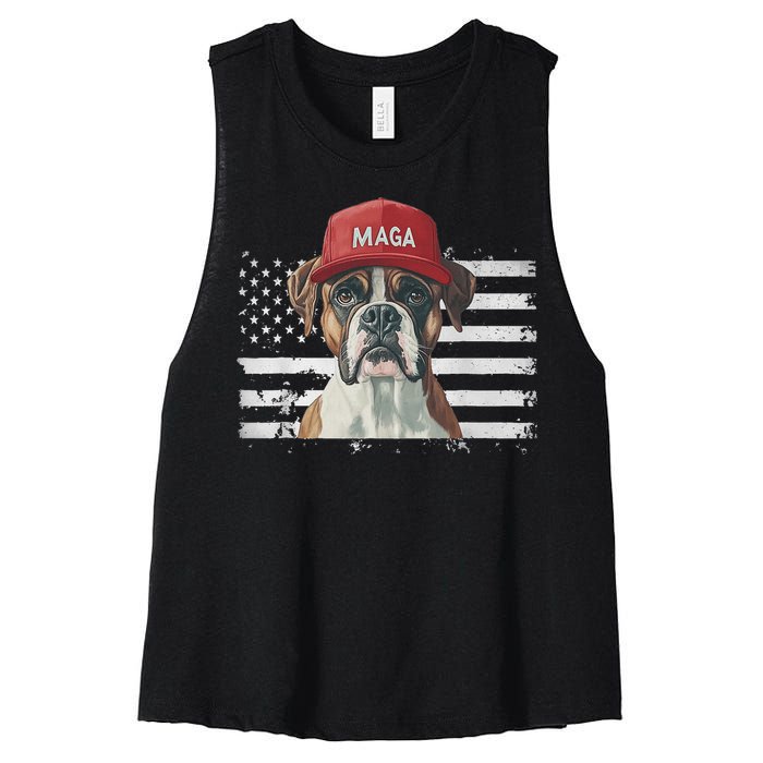 Boxer Dog Wearing Maga Hat American Flag Dogs For Trump Women's Racerback Cropped Tank