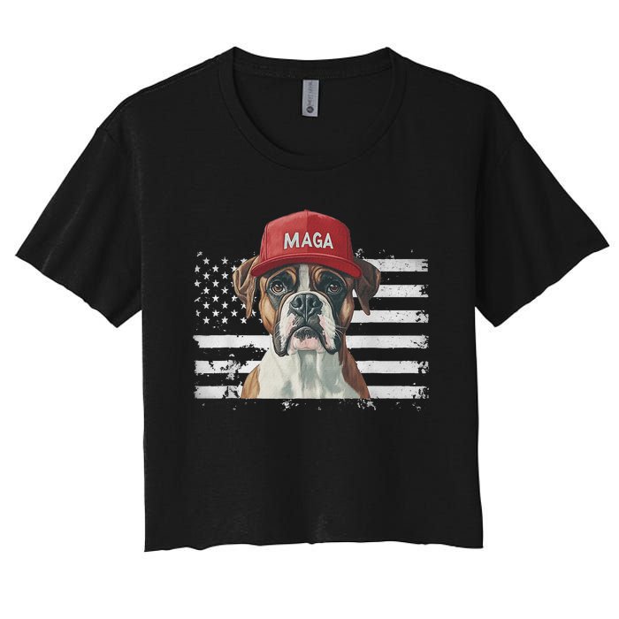 Boxer Dog Wearing Maga Hat American Flag Dogs For Trump Women's Crop Top Tee