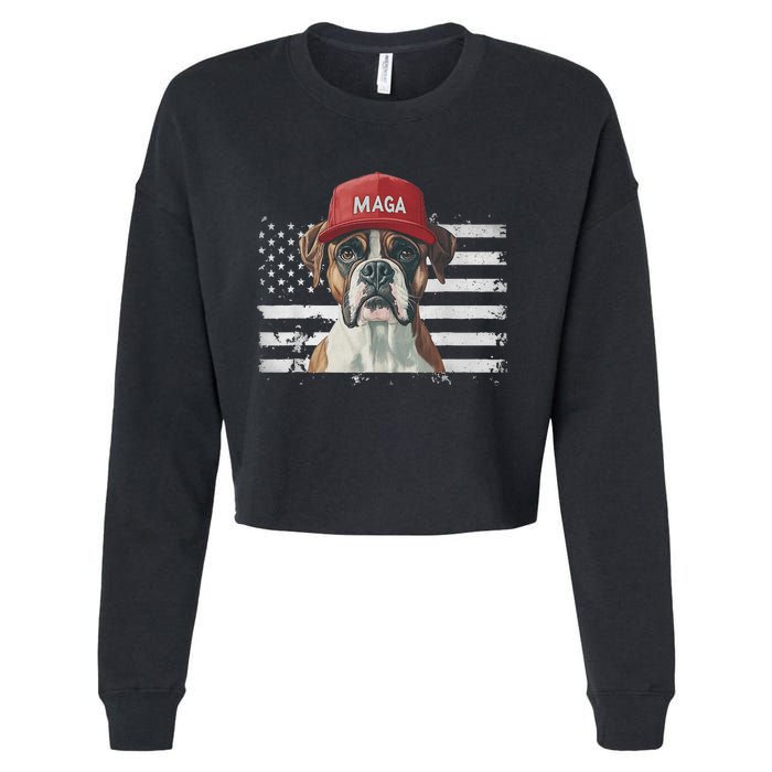 Boxer Dog Wearing Maga Hat American Flag Dogs For Trump Cropped Pullover Crew